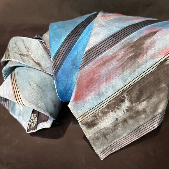 Giorgio Armani Silk Tie Mens Necktie Hand painted Abstract Art Striped Blue Red - Picture 5 of 6